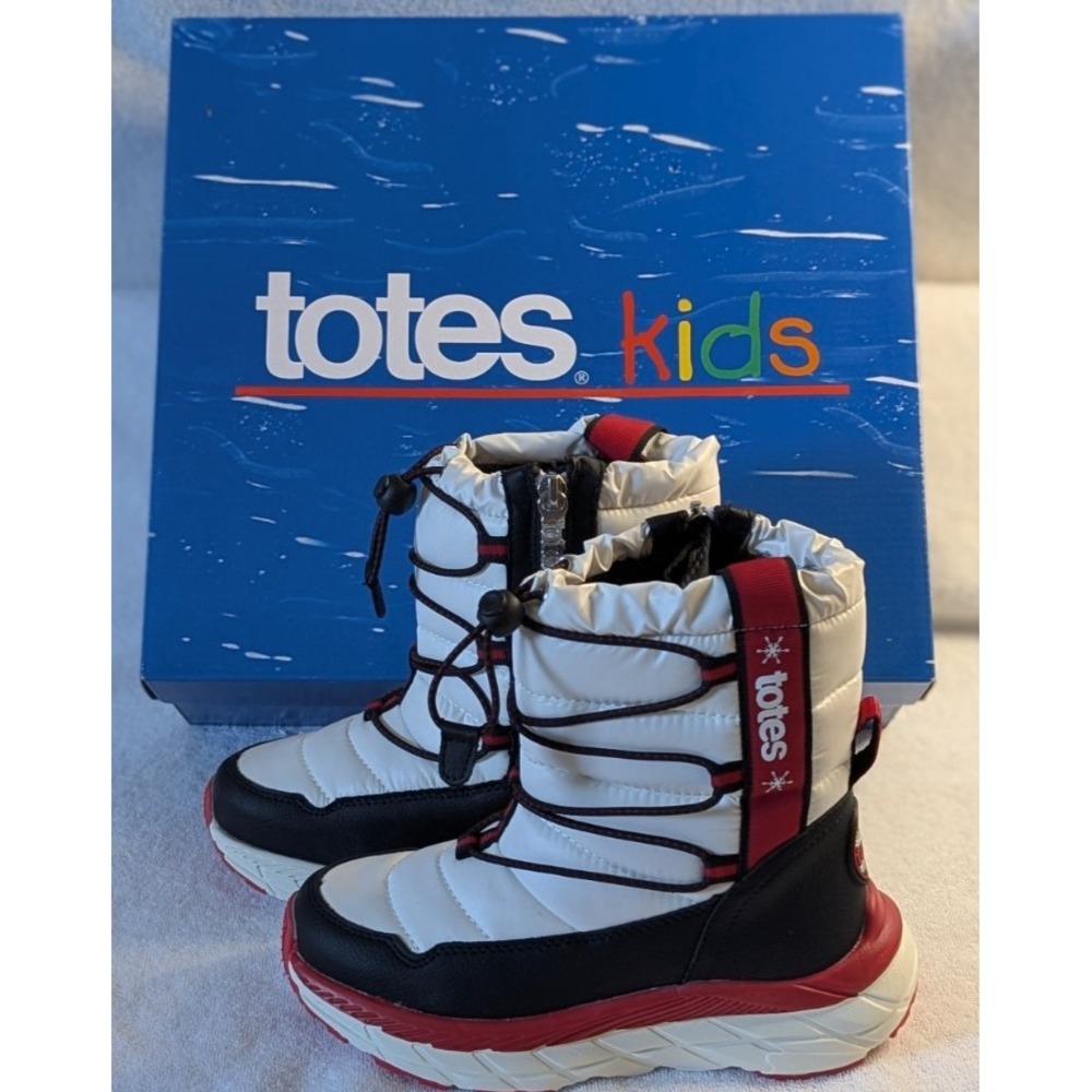 Girls Snowboots, Totes Kids Swiftwhite, Youth 1 M, White, Black and Red, NIB